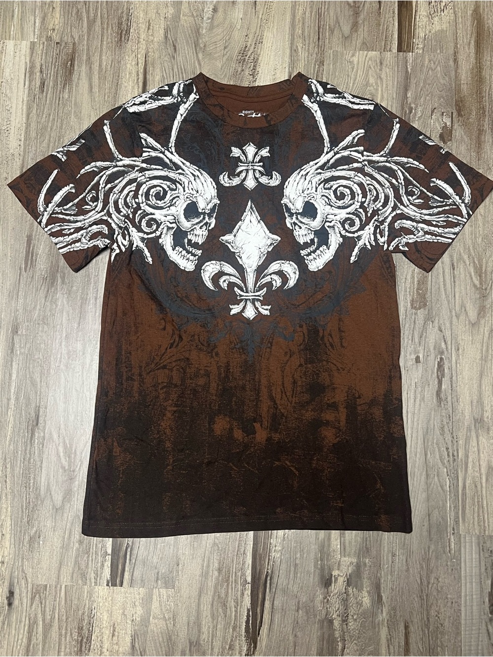 Eighty Eight Brand Y2K Grunge Skull Fleur De Lis Brown Graphic Shirt L